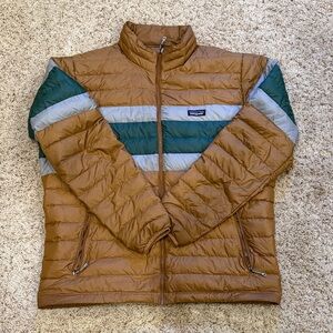 Patagonia Men’s Down Sweater Jacket Tan with Green and Gray Accents XXL